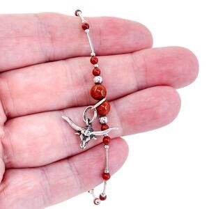 Estate Mexico Sterling Silver 925 Red Glass Bead Longhorn Charm Anklet 10"